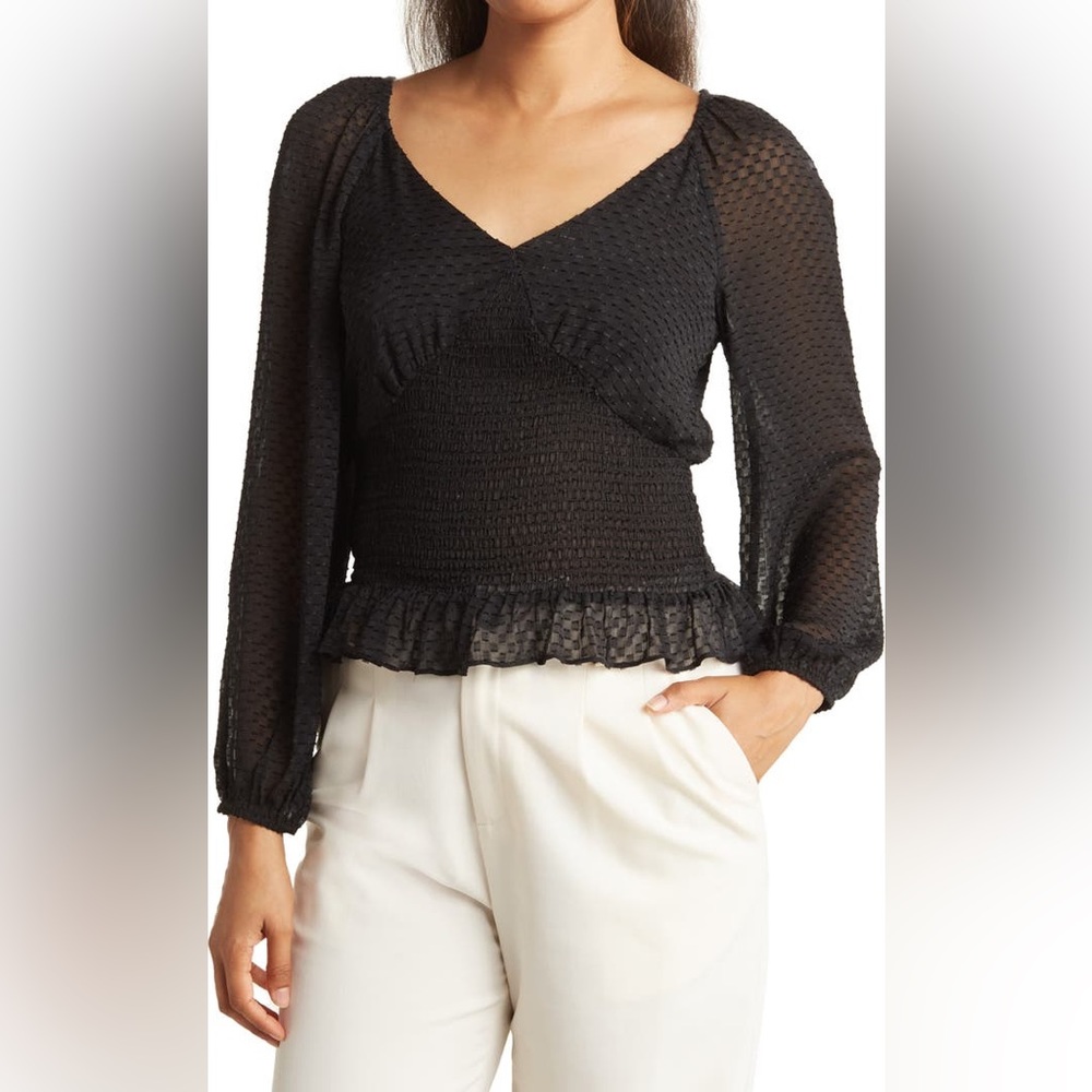DR2 Top‎ Blouse Rectangle Clip Dot Smocked Waist Blouse femininity Black Medium